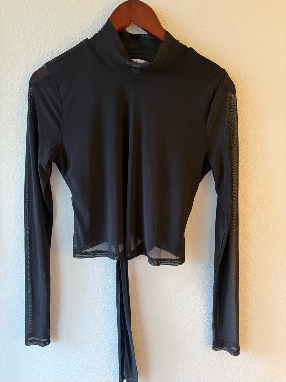 Bar III Black Mesh Mock Neck Long Sleeve Tie Back Crop Top M